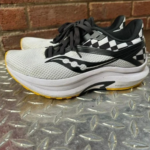 Saucony PWRRUN Sneakers Women's Size 6.5 Black White Yellow Checker Work Out - Picture 5 of 7